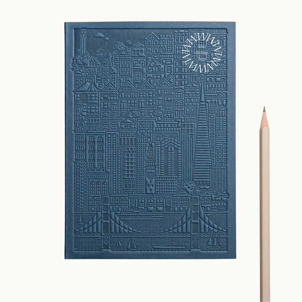 Debossed San Francisco notebook in blue, branded corporate swag