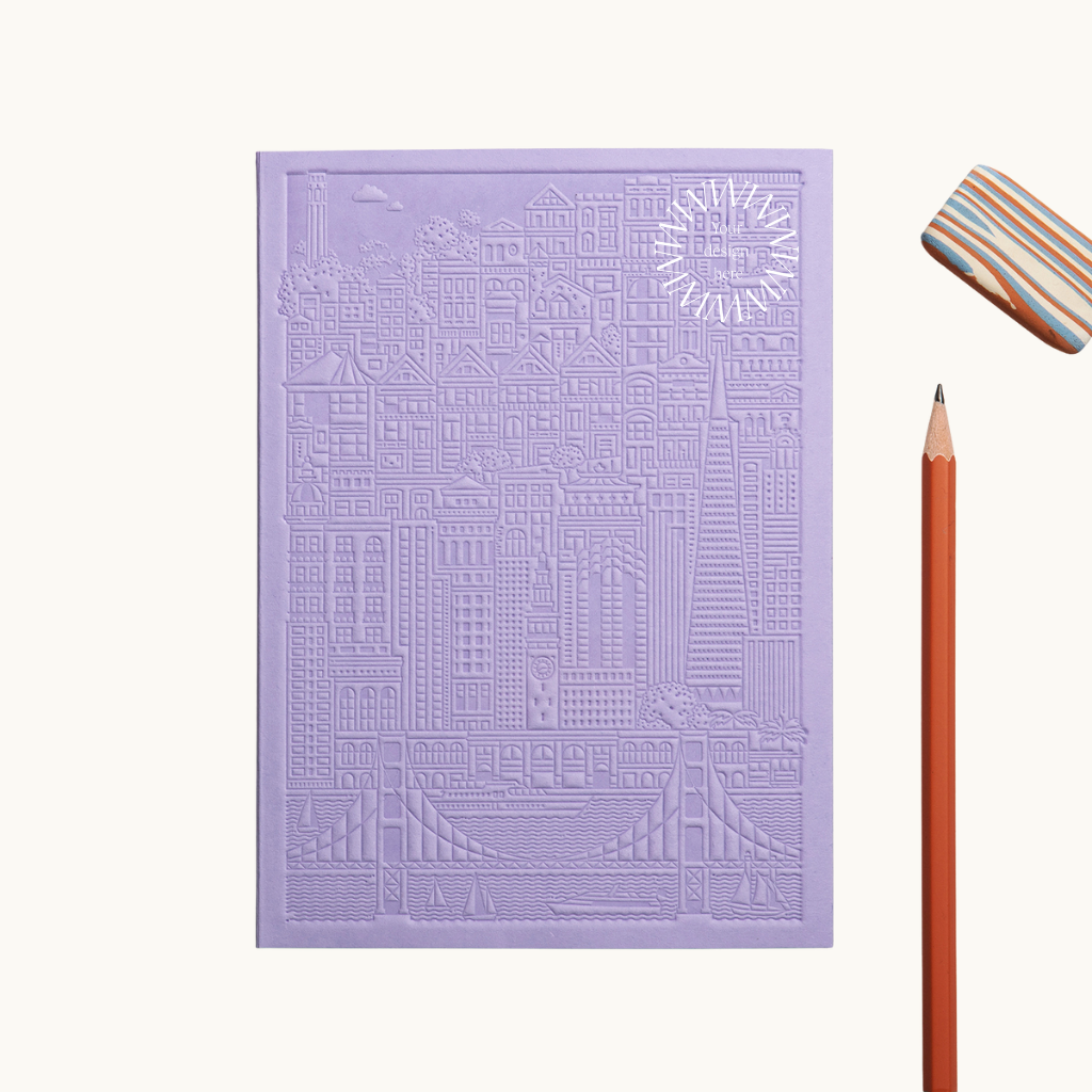 Debossed San Francisco notebook in lavender, sustainable branded merchandise