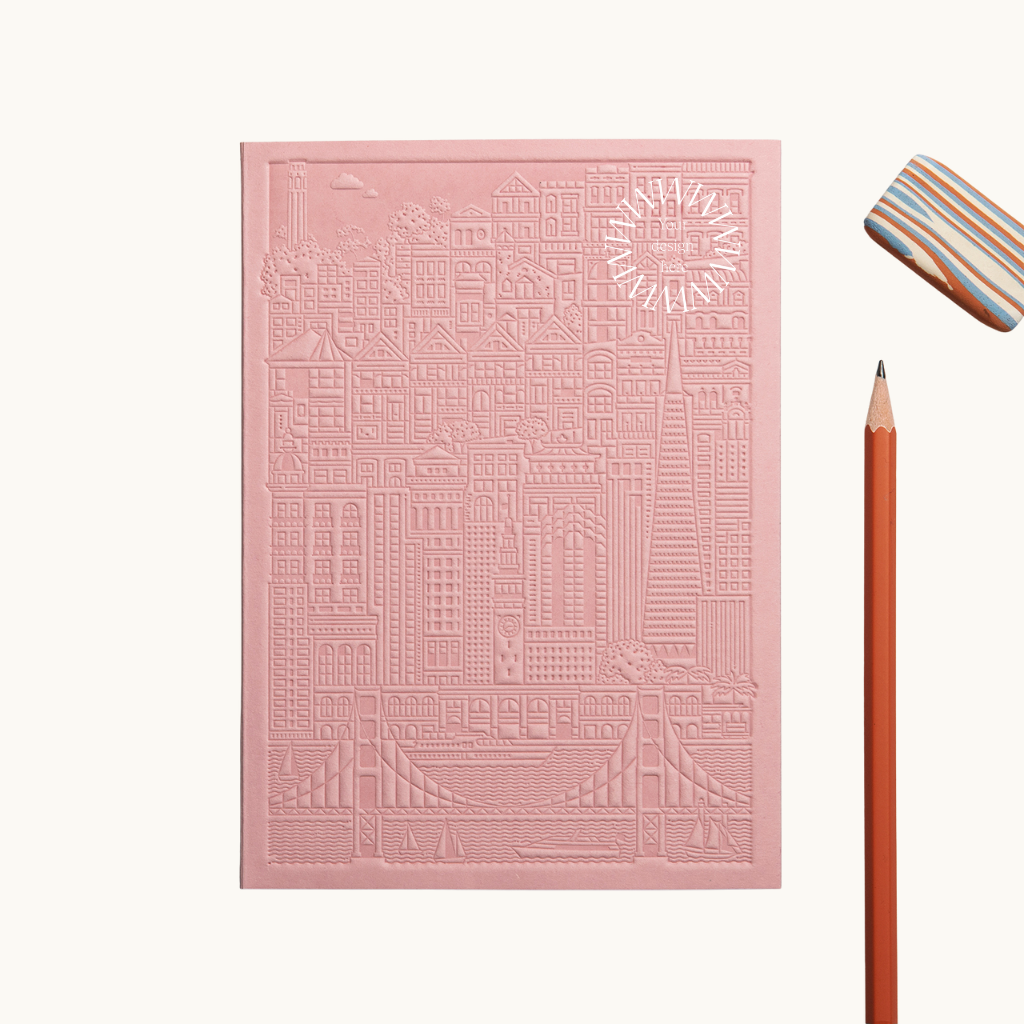 Debossed San Francisco notebook in yellow, branded gifts for clients