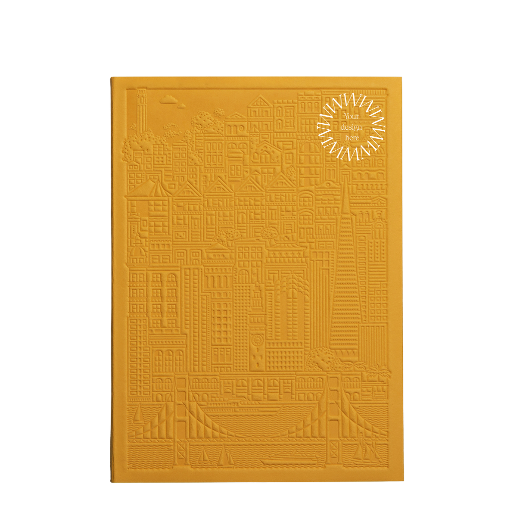 Debossed San Francisco notebook in yellow, branded gifts for clients