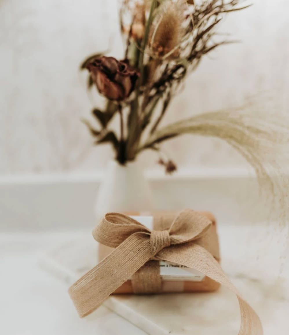 Sitti olive oil soap and olive wood dish gift set wrapped with ribbon