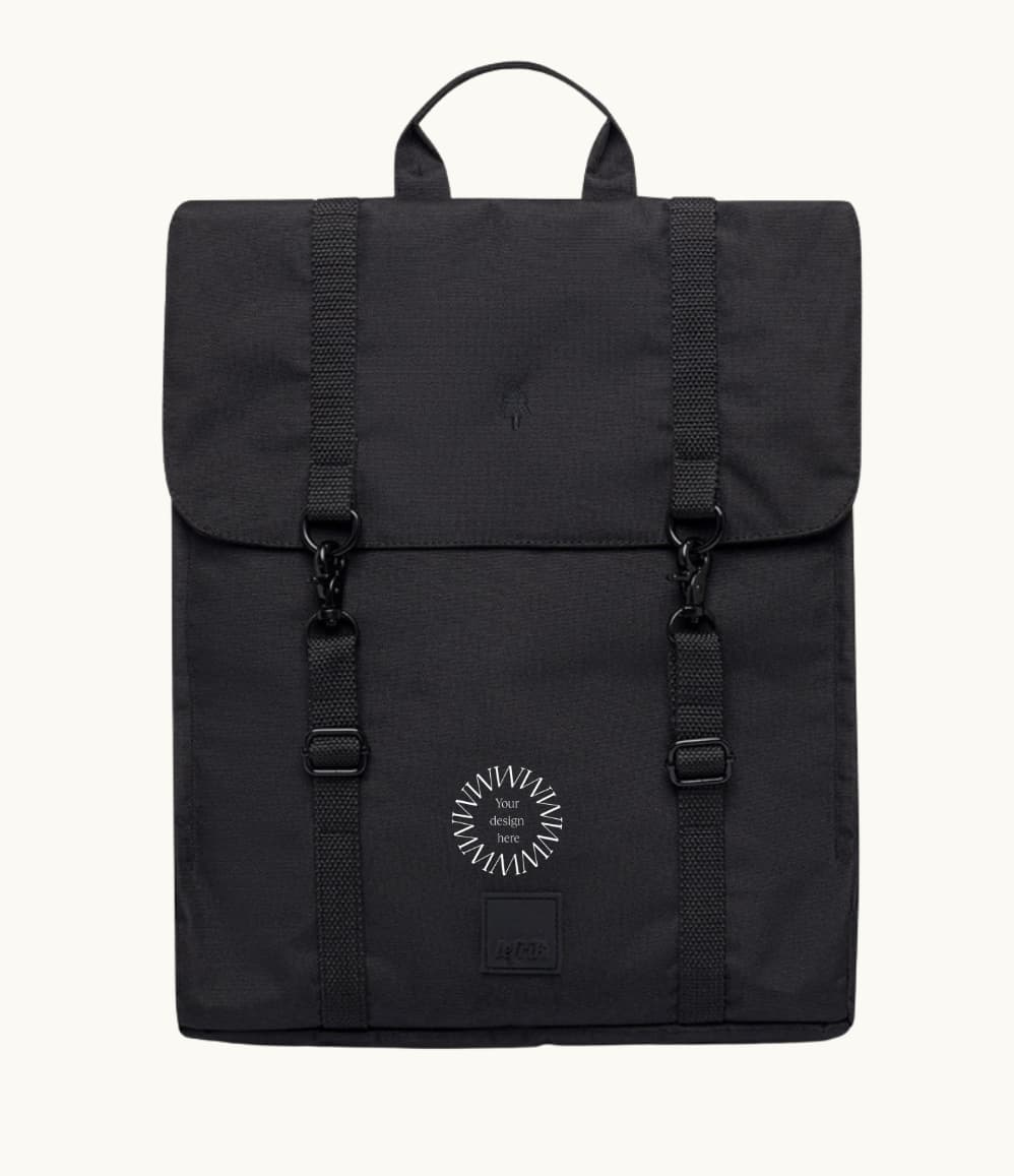 Water Resistant Slim Backpack 12L in black, front, showing logo placement
