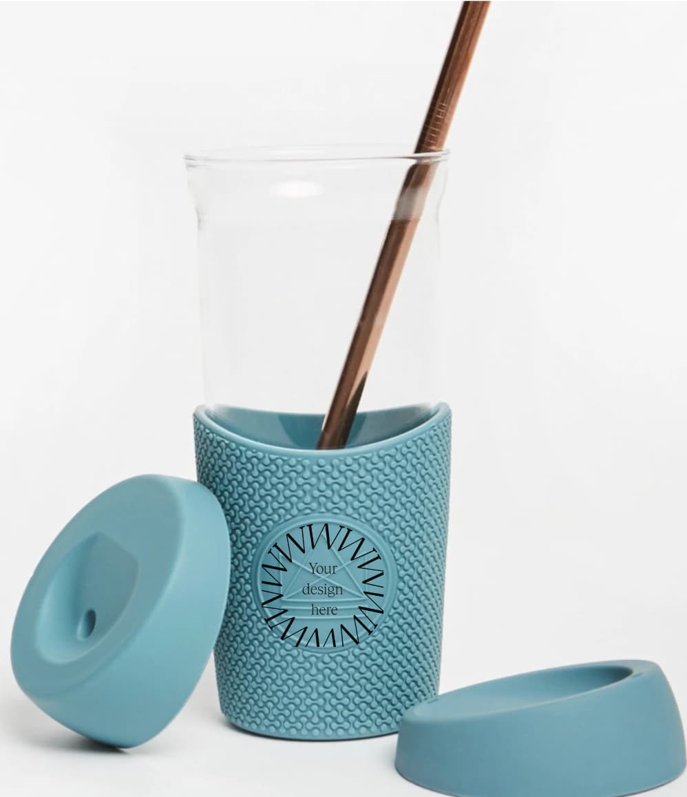 Glass Smoothie Tumbler in blue, showing logo placement