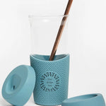 Glass Smoothie Tumbler in blue, showing logo placement