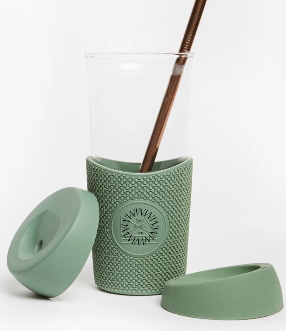 Glass Smoothie Tumbler in green, showing logo placement