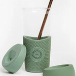 Glass Smoothie Tumbler in green, showing logo placement