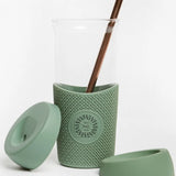 Glass Smoothie Tumbler in green, showing logo placement