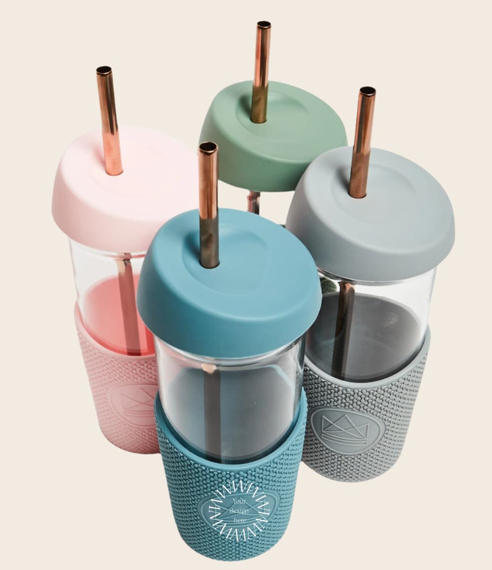 Glass Smoothie Tumbler, all colours, showing logo placement
