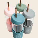 Glass Smoothie Tumbler, all colours, showing logo placement