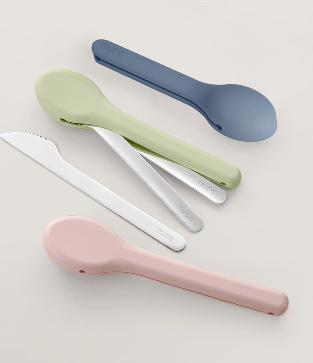 Stainless Steel Cutlery in blue, pink and green sage silicone cases, cutlery shown outside the case