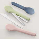 Stainless Steel Cutlery in blue, pink and green sage silicone cases, cutlery shown outside the case
