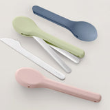 Stainless Steel Cutlery in blue, pink and green sage silicone cases, cutlery shown outside the case