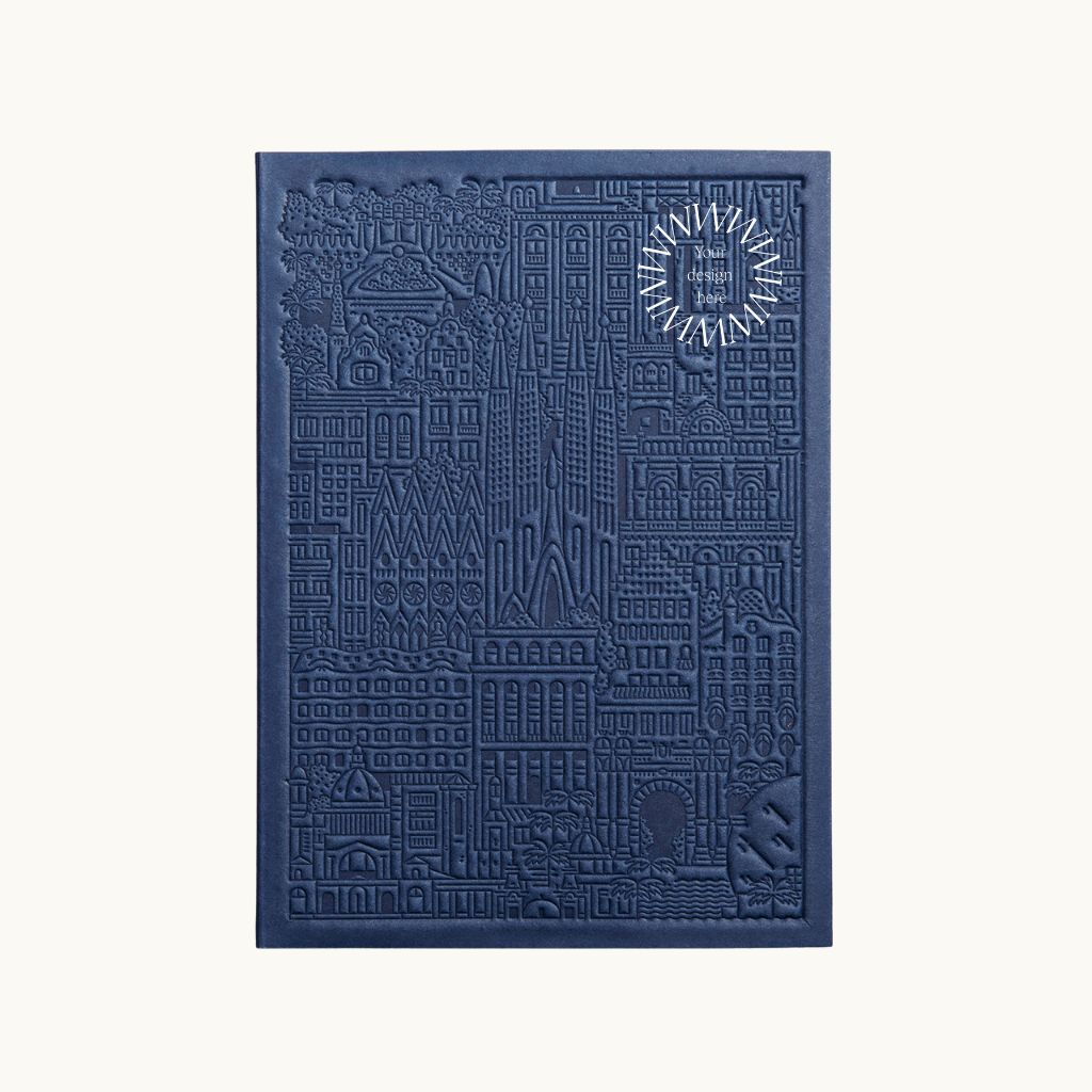 Debossed Stockholm notebook in blue. Sustainable branded merchandise from women-owned brands.