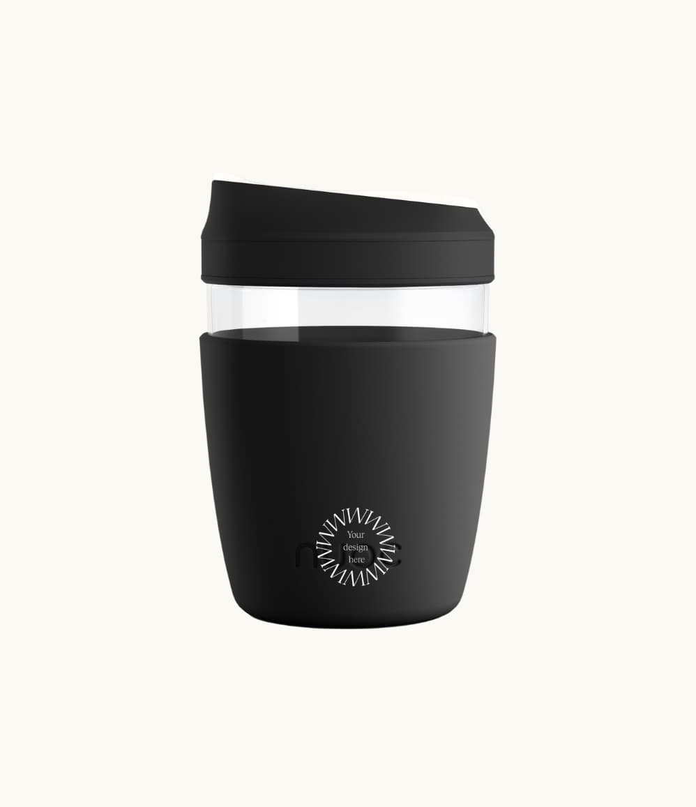 Takeaway Glass Coffee Cup 340ml in black, showing logo placement