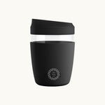 Takeaway Glass Coffee Cup 340ml in black, showing logo placement