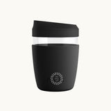 Takeaway Glass Coffee Cup 340ml in black, showing logo placement