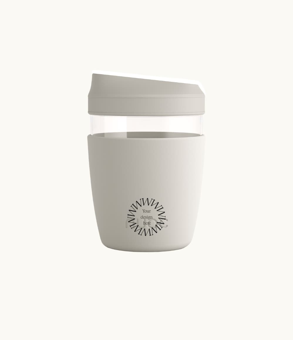 Takeaway Glass Coffee Cup 340ml in grey, showing logo placement
