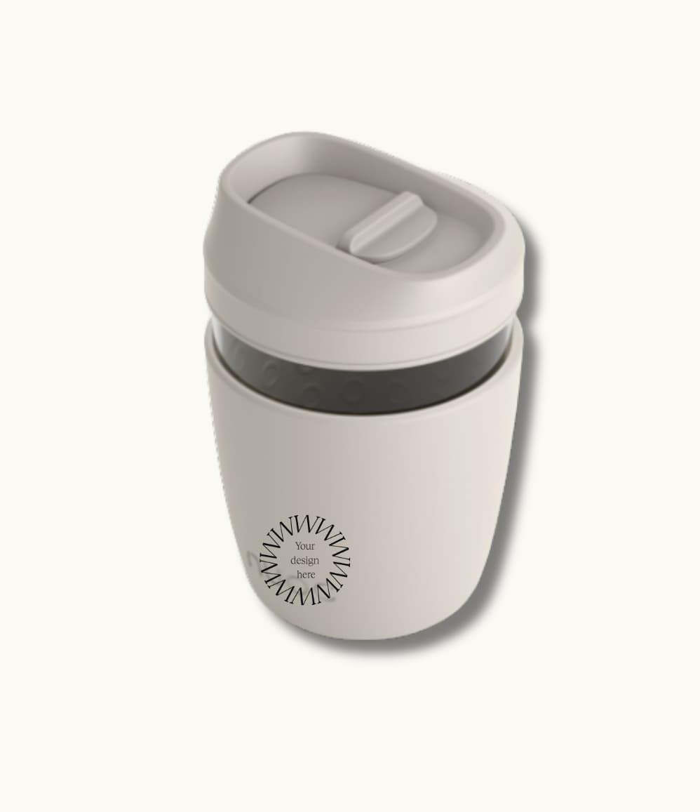 Takeaway Glass Coffee Cup, detail of the slide-lock lid open to drink