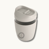 Takeaway Glass Coffee Cup, detail of the slide-lock lid open to drink