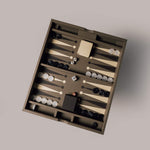 Taupe Leather Backgammon Set, genuine leather case with magnetic closure for executive teams.