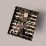 Taupe Leather Backgammon Set, genuine leather case with magnetic closure for executive teams.