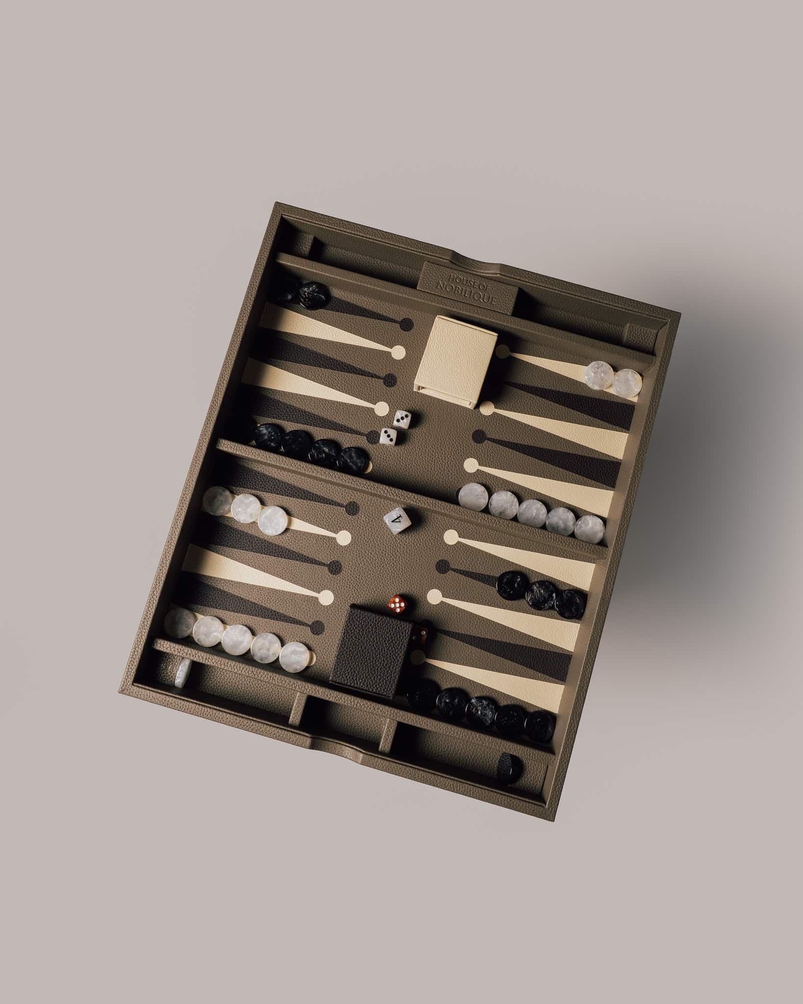 Taupe Leather Backgammon Set, genuine leather case with magnetic closure for executive teams.