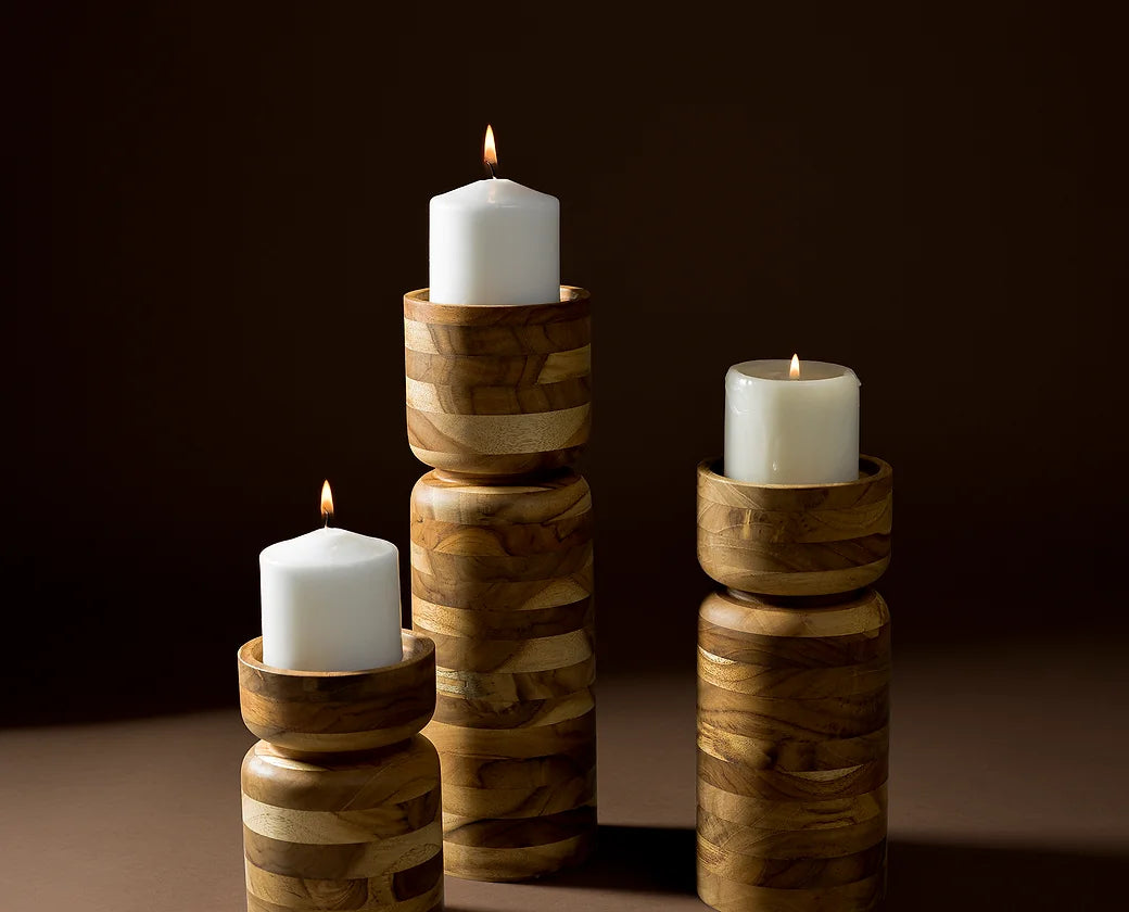 Teak wooden candle holder set handcrafted Guatemala luxury corporate gift VIP clients UK
