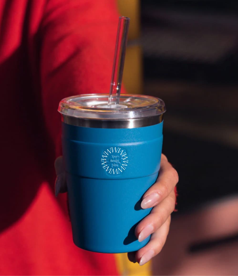 Thermal Cold Cup in blue, showing logo placement