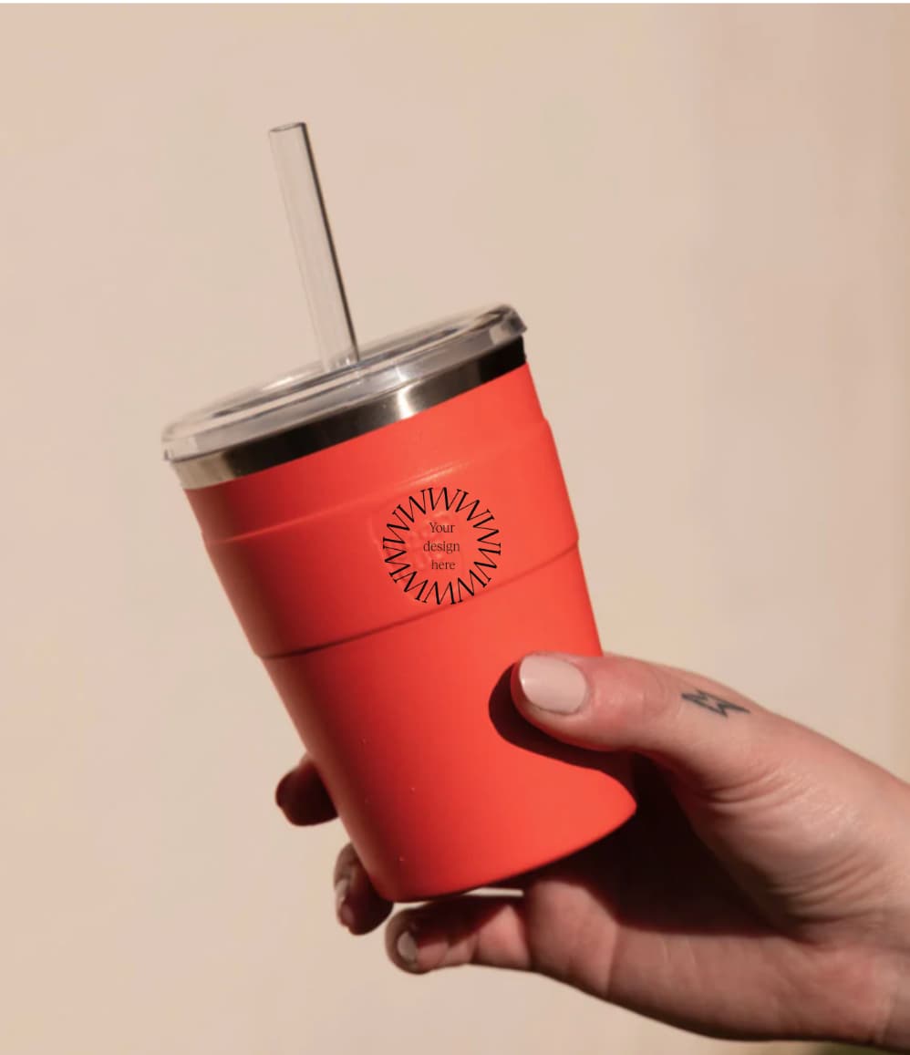 Thermal Cold Cup in coral, showing logo placement