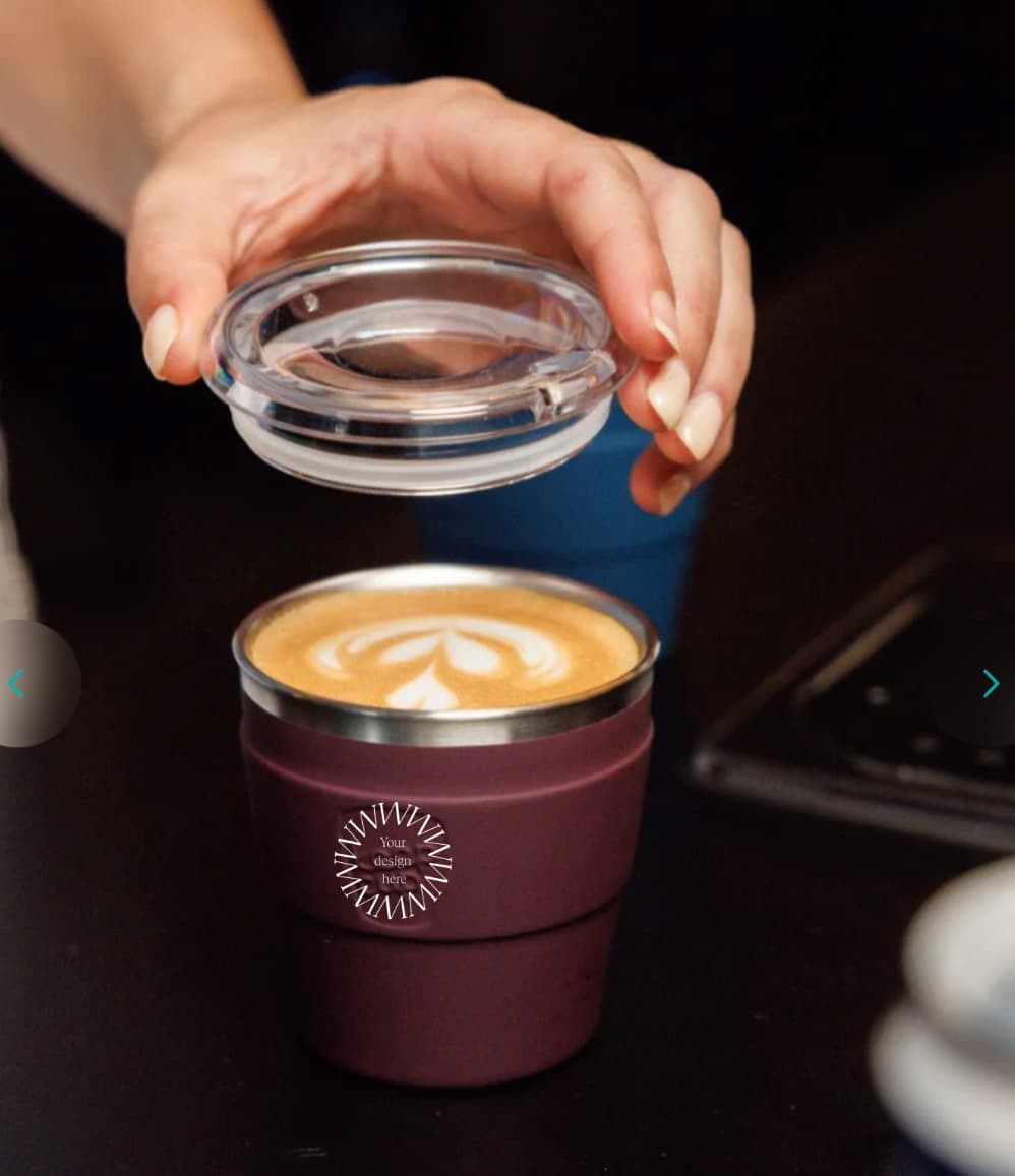 Thermal Travel Coffee Cup in burgundy, showing logo placement