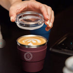 Thermal Travel Coffee Cup in burgundy, showing logo placement