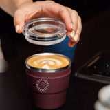 Thermal Travel Coffee Cup in burgundy, showing logo placement