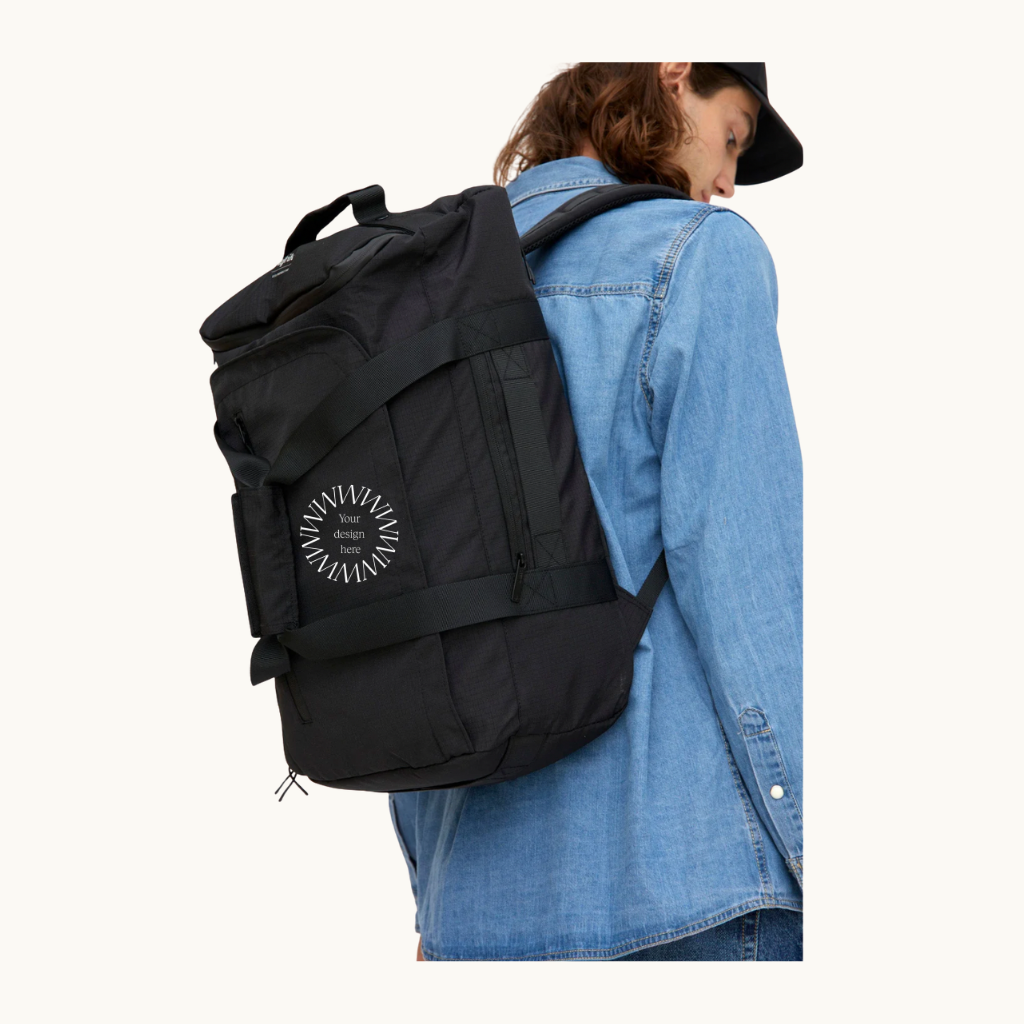 Travel Backpack 30L black, waterproof recycled PET eco friendly premium merchandise.Women-owned