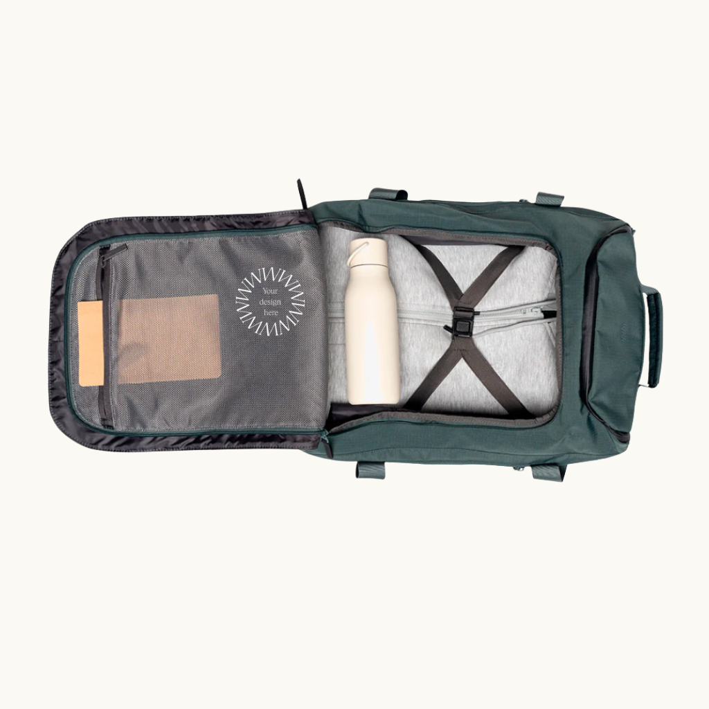 Travel Backpack 30L Sage Green open view showing compartments, recycled PET eco friendly premium branded merch