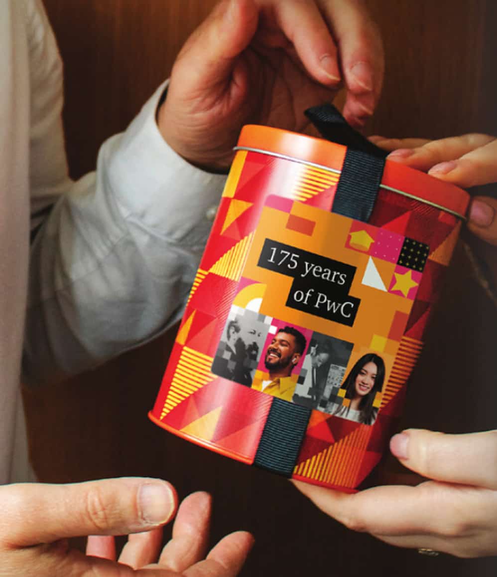 Travel Size Popcorn Tin, butterscotch flavour, shown with a bespoke client branding example