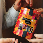 Travel Size Popcorn Tin, butterscotch flavour, shown with a bespoke client branding example