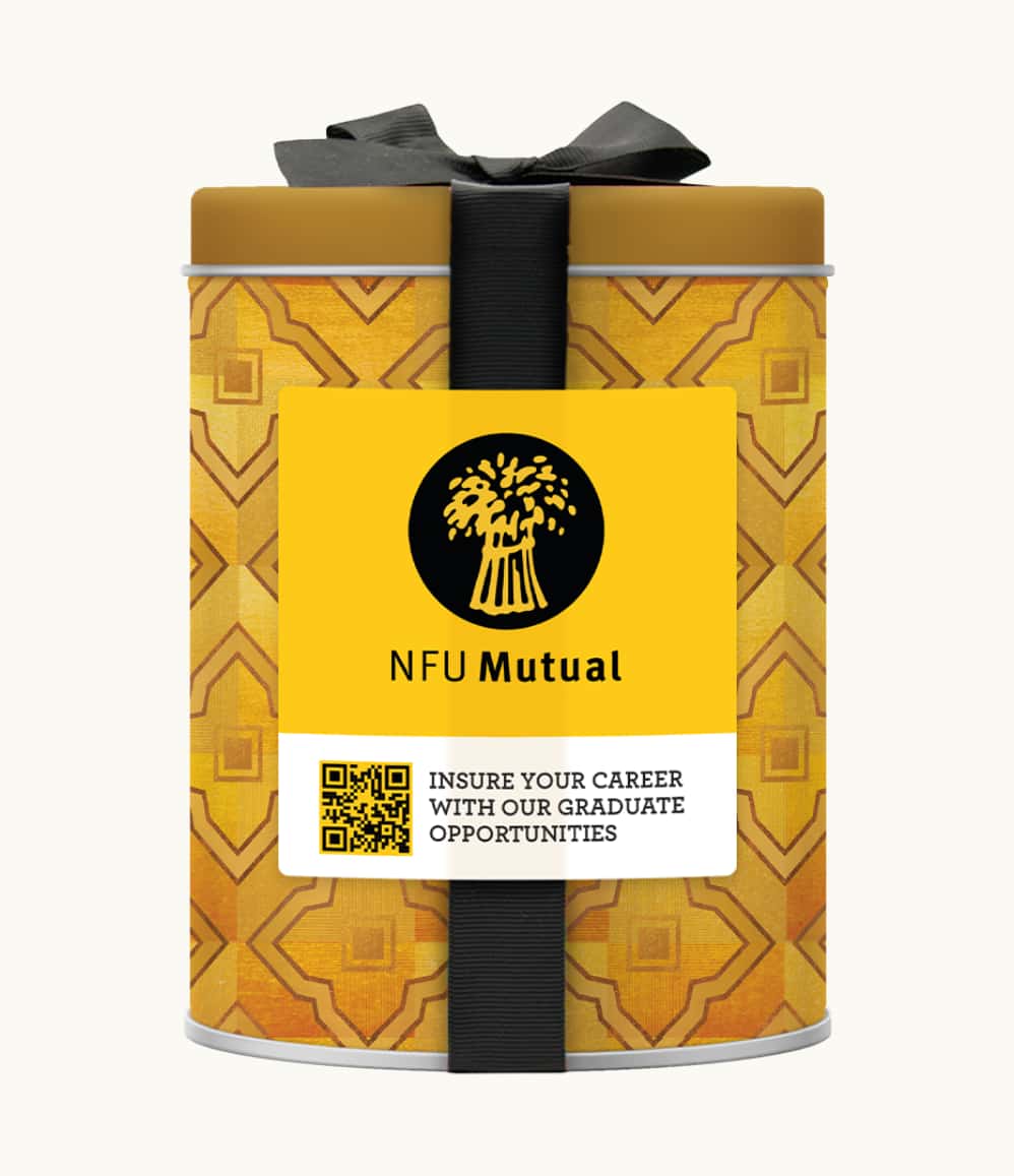 Travel Size Popcorn Tin, salted caramel flavour, shown with a bespoke client branding example