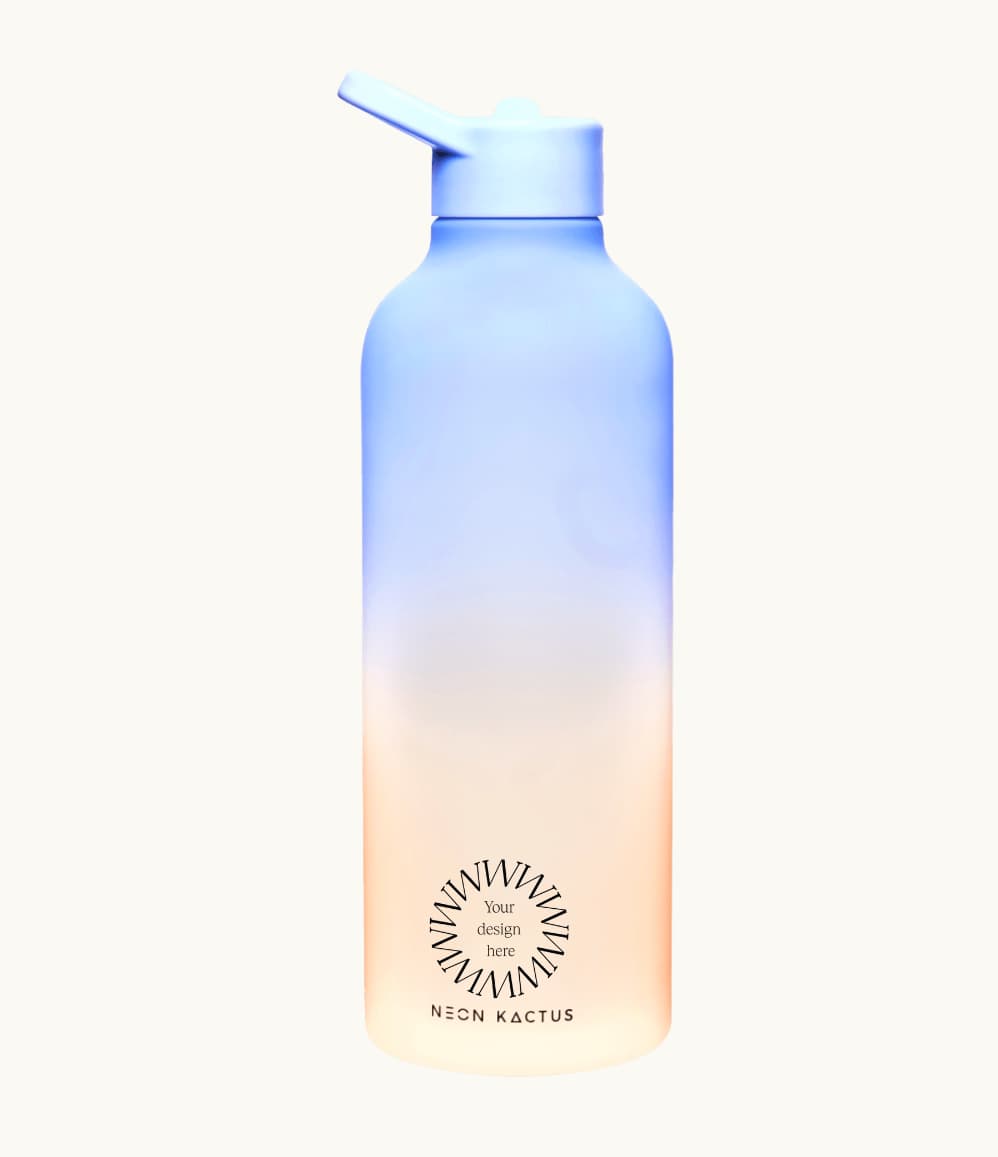 Tritan Water Bottle in Light Blue & Peach, showing logo placement
