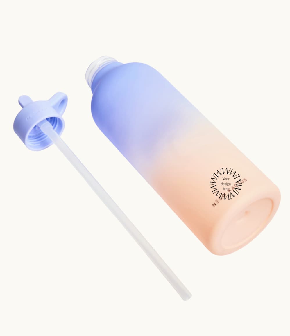 Tritan Water Bottle in Light Blue & Peach, drinking straw extended, showing logo placement