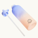 Tritan Water Bottle in Light Blue & Peach, drinking straw extended, showing logo placement