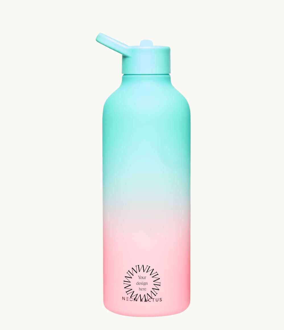Tritan Water Bottle in Mint & Pink, showing logo placement