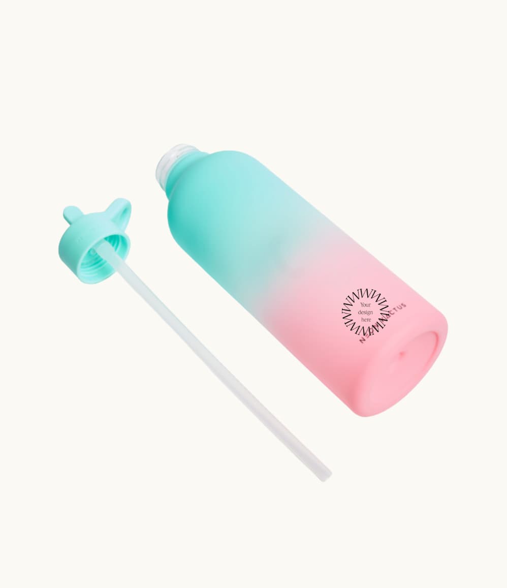 Tritan Water Bottle in Mint & Pink, drinking straw extended, showing logo placement