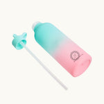 Tritan Water Bottle in Mint & Pink, drinking straw extended, showing logo placement