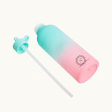 Tritan Water Bottle in Mint & Pink, drinking straw extended, showing logo placement