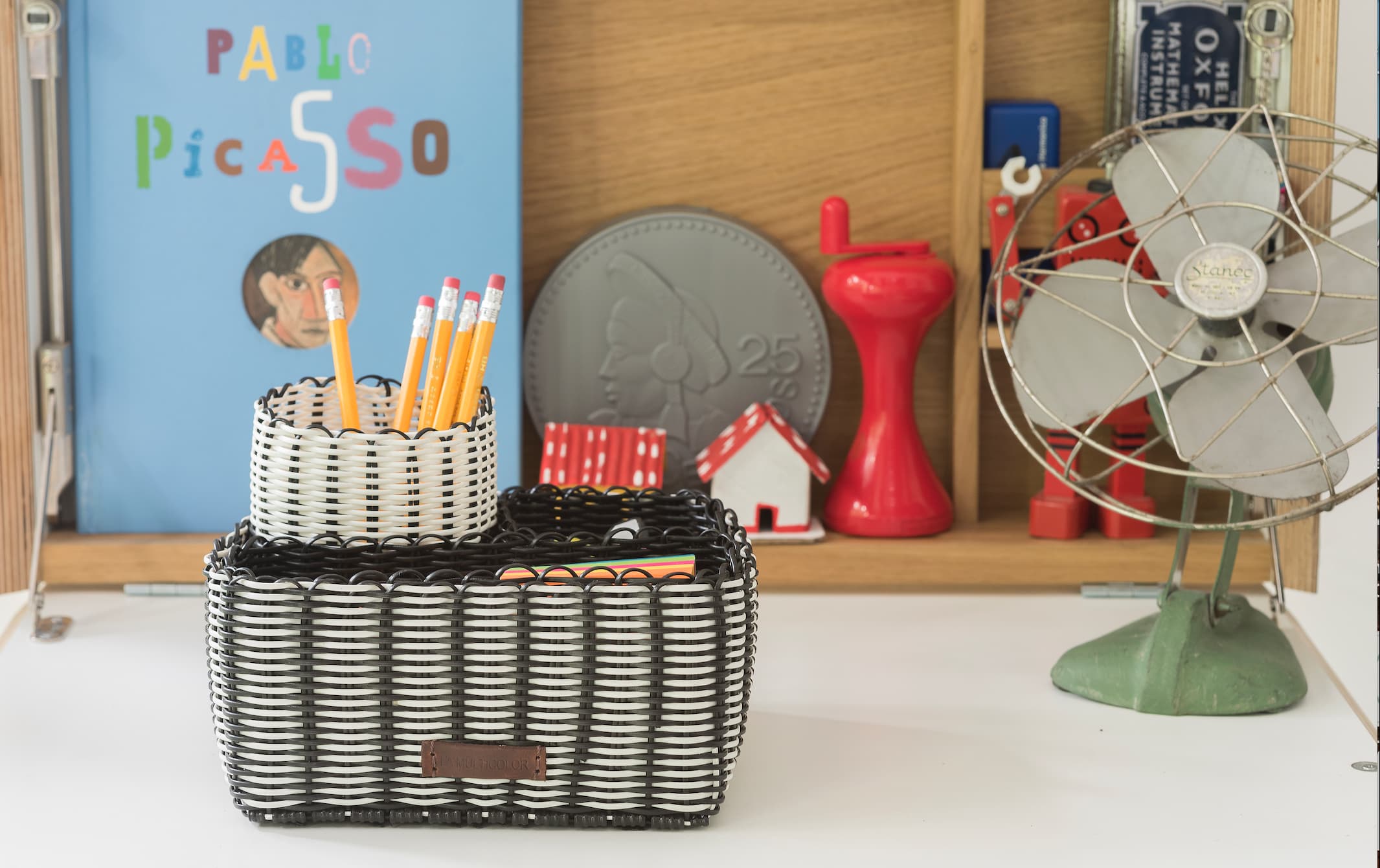 Handwoven upcycled desk organiser in black and white
