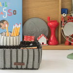 Handwoven upcycled desk organiser in black and white