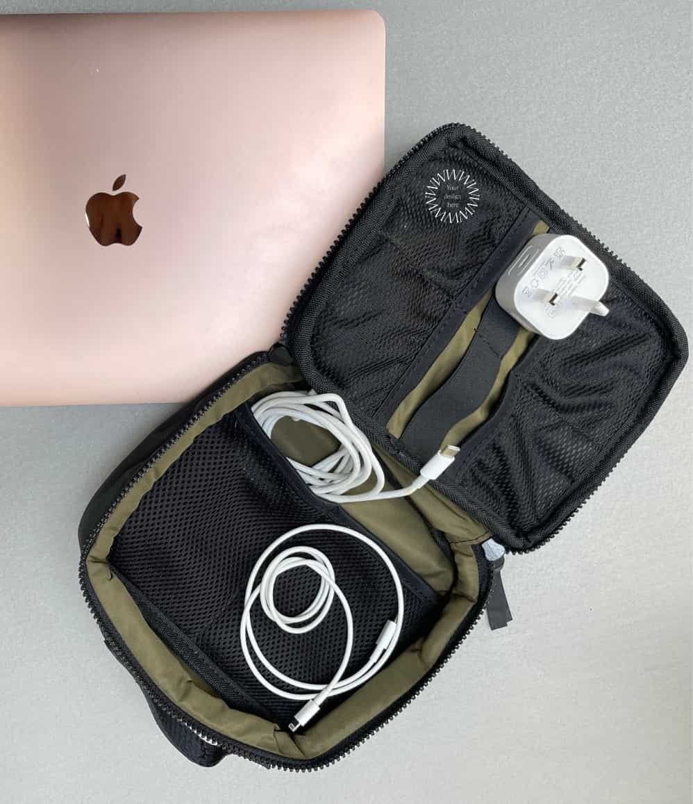 Vegan upcycled tyre travel organiser, open, showing compartments