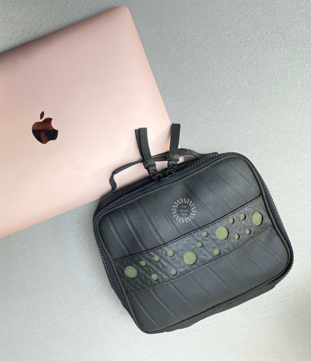 Vegan upcycled tyre travel organiser, closed, vegan gift
