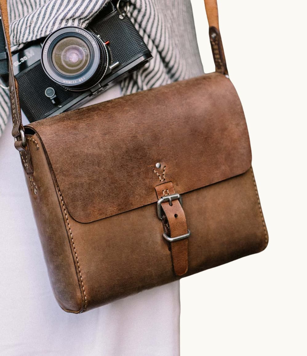 Veg-tanned leather crossbody satchel, a personalised executive gift made by women artisans in India