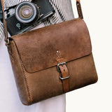 Veg-tanned leather crossbody satchel, a personalised executive gift made by women artisans in India